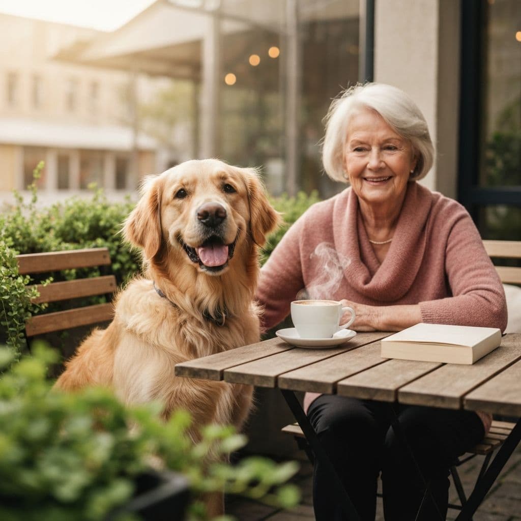 カフェで過ごす犬と飼い主