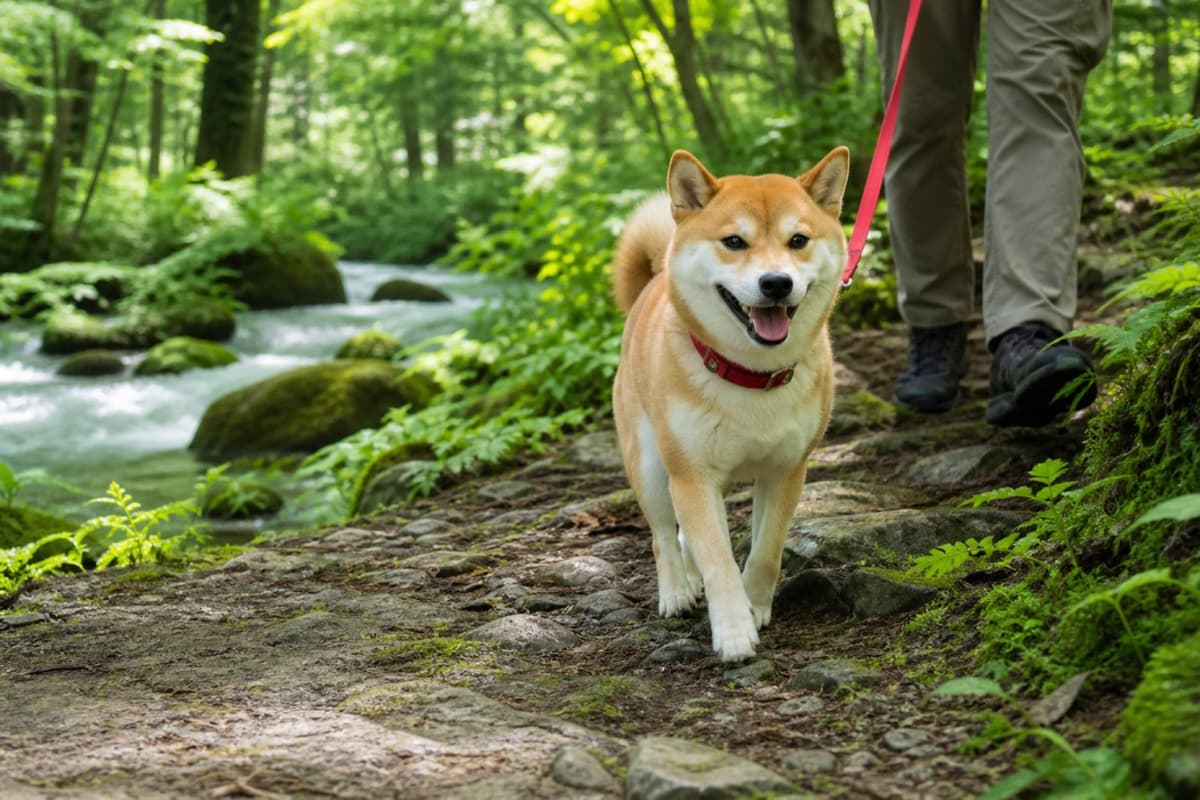 新緑の渓流沿いの遊歩道を飼い主と歩く柴犬